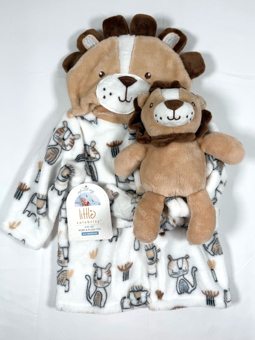 NWT LITTLE CELEBRITY Unisex Hooded Robe Plush Lion Toy‎ 0-6M Safari Animal NEW